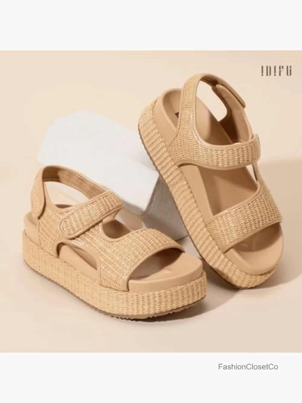 Platform Sandals with Raffia Woven Straps, Hook & Loop Closure, Chunky Sole,